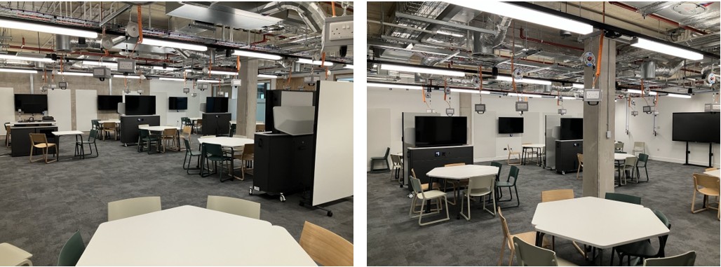 Classroom with table and chairs set up for active learning.